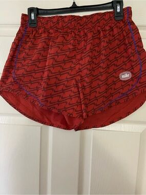 Nike Red Wave-Print Athletic Running Shorts with Blue Piping